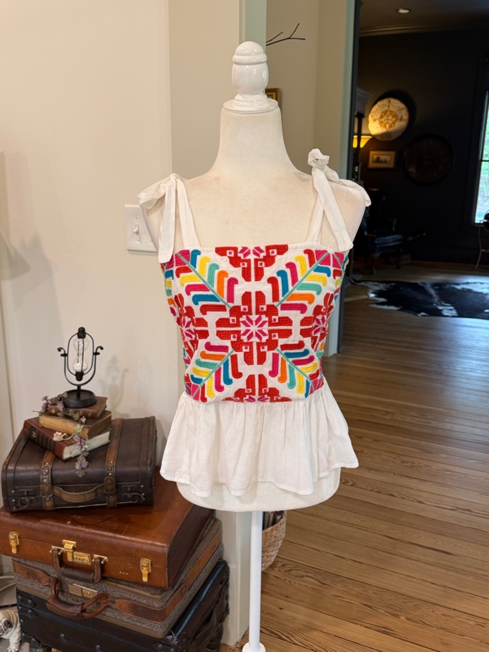 Embroidered Multicolor Tie-Strap Crop Top - White